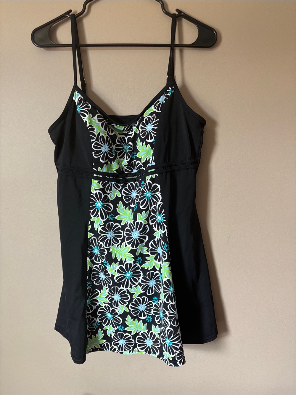 Black Floral-Panel One-Piece Swimsuit Tank with Green & Aqua Accents
